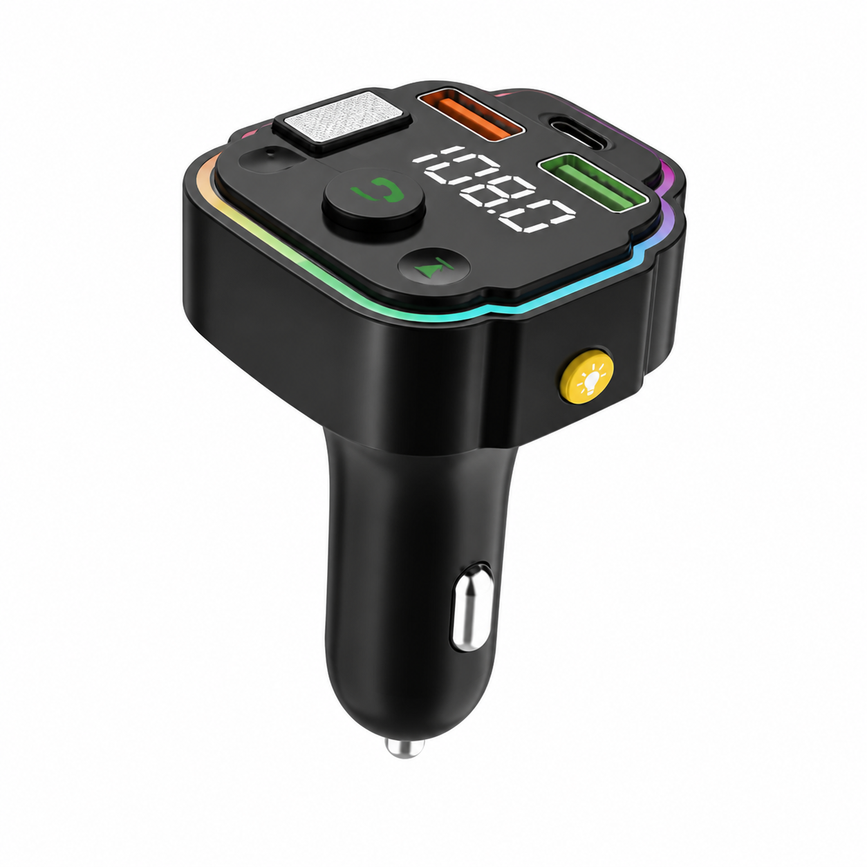 Transmisor Bluetooth FM negro para automóvil sobre fondo blanco